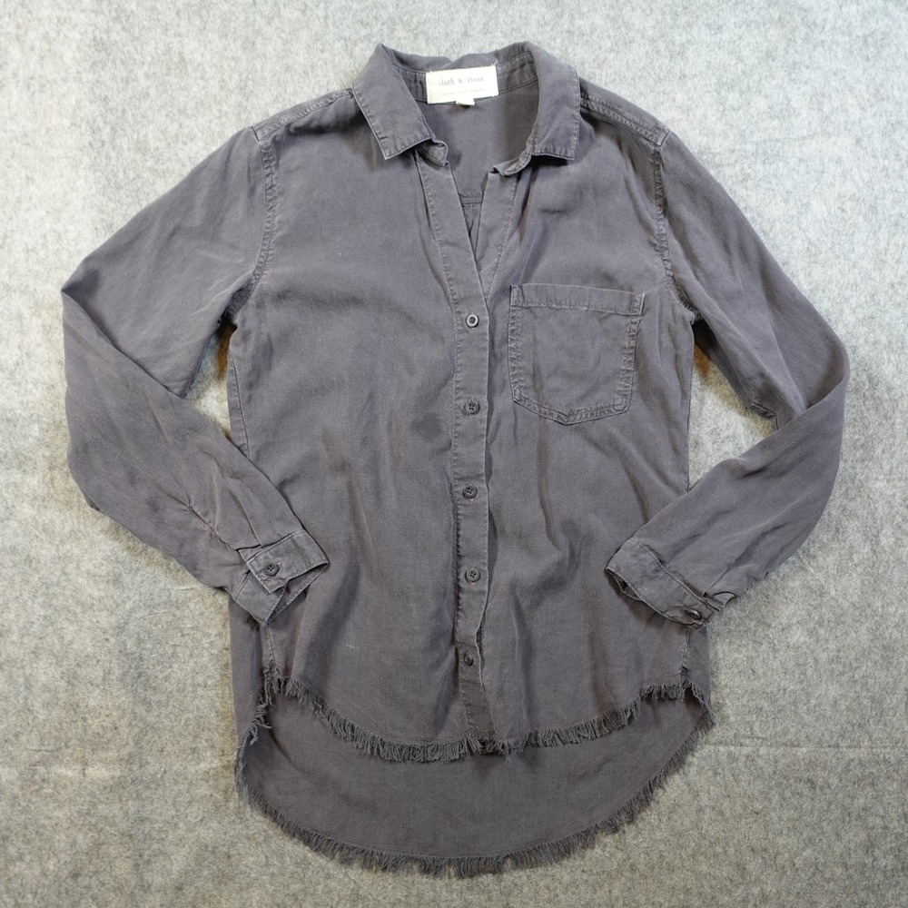 Cloth Stone Top Womens Extra Small Button Front Lyocell Raw Hem Gray Tunic